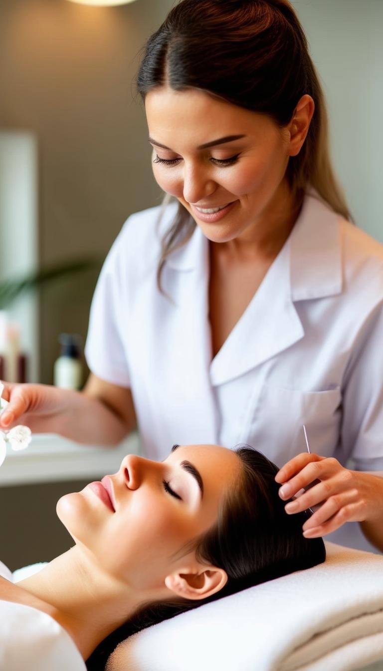 esthetician working at spa with client